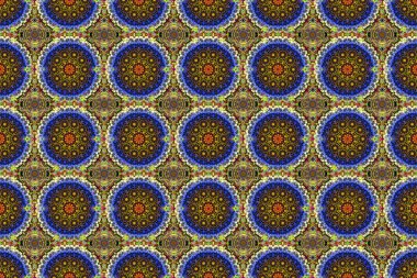 Raster illüstrasyonu. Kahverengi, mavi ve yeşil renklerde. Ikat damaske desensiz arkaplan fayansı.