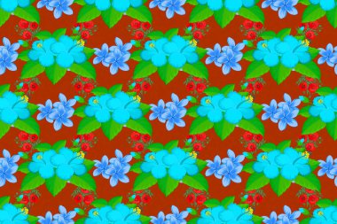 Moda olmayan çiçek deseni. Bir sürü turuncu, yeşil ve mavi amber çiçekli Raster çizimi.