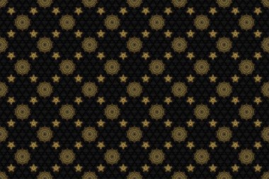 Siyah ve altın pürüzsüz desen. Siyah bir arka planda kusursuz, soyut modern model. Geometrik, altın elementlerle tekrarlanan raster süsü.
