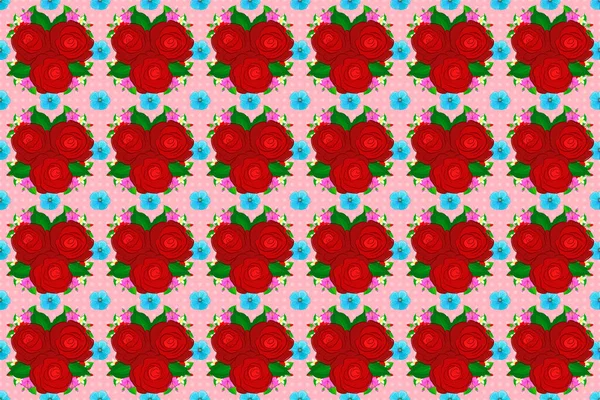 Rastrowa Ilustracja Płynny Wzór Kwiatowy Słodkie Kwiaty Róży Zielone Liście — Zdjęcie stockowe