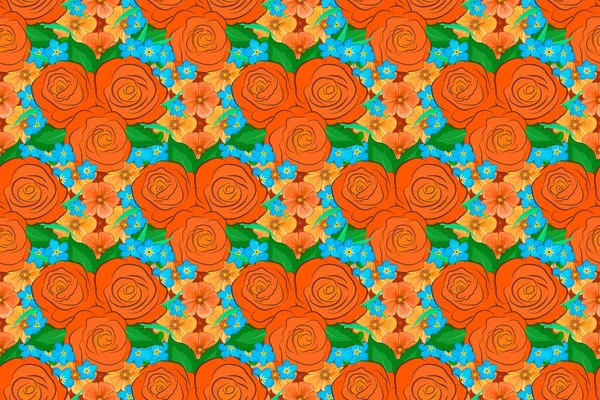 Бесшовный Цветочный Узор Оранжевого Зеленого Синего Цветов Растровые Цветы Розы — стоковое фото
