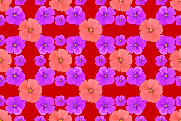 Безшовний Квітковий Візерунок Милих Квітках Космосу Червоному Тлі Растрова Ілюстрація — стокове фото