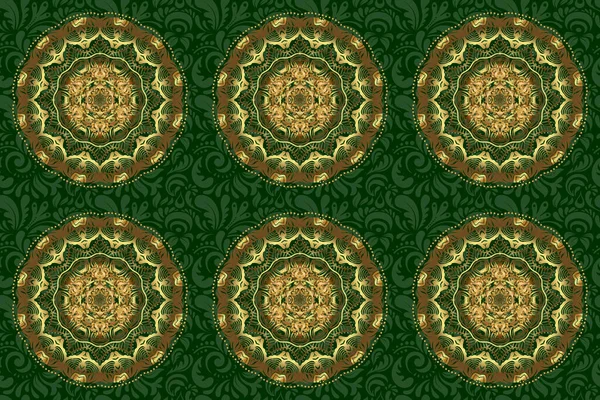 手描きラスター曼荼羅 緑の背景に黄金 インドの孔雀 インドのパターン 黄金の曼荼羅 曼荼羅孔雀 — ストック写真