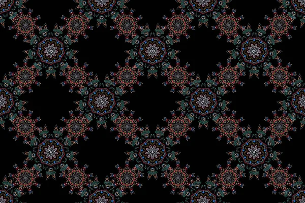 黒を基調としたニュートラル ブルー レッドのオーナメント 花のシームレスなパターン 壁紙のバロック ダマスク シームレスな背景 — ストック写真