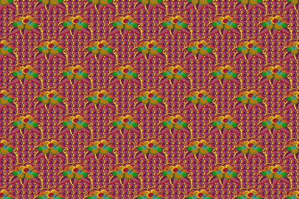 Tropical floral seamless pattern with purple, red and yellow hibiscus flowers. Floral raster seamless pattern. Raster illustration.