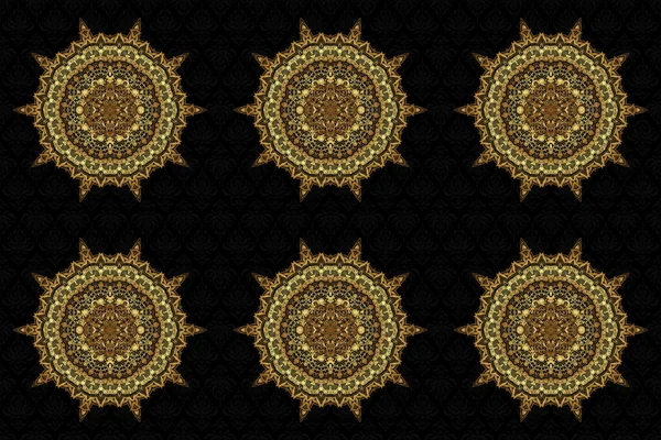 Elementi Dorati Fondo Nero Astratto Raster Decorativo Mandala Etnico Schizzinoso — Foto Stock