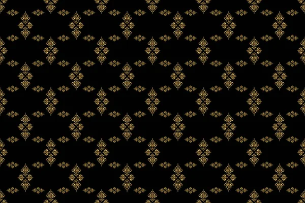 Golden pattern thai silk style raster design for print, fabric or textile. Line thai seamless pattern golden on a black backdrop. Traditional Thailand golden background and texture with grid.