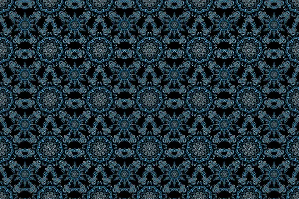 Behang Barok Naadloze Raster Achtergrond Blauw Zwarte Achtergrond Bloemen Naadloos — Stockfoto