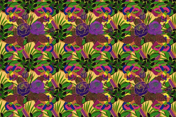 Blütenblätter Grüner Lila Und Gelber Raster Rosen — Stockfoto