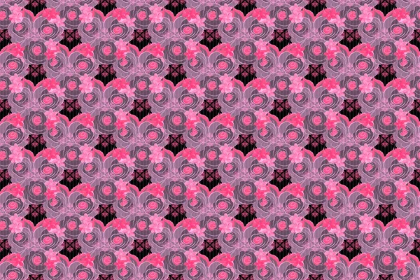 Design of flowers in vintage style. Seamless raster pattern with gray, pink and black roses. Illustration of floral decoration.