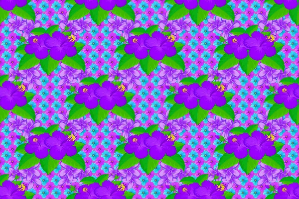 Stock Raster Illustration Seamless Pattern Abstrat Hibiscus Flowers Violet Background — Stock Photo, Image