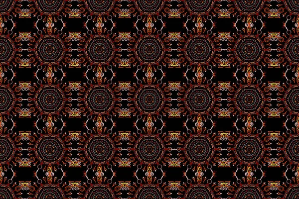 Vintage ornamental background with victorian pattern in orange and red colors. Raster illustration. Seamless damask pattern.
