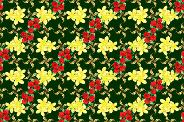 Растровая иллюстрация. Бесшовный цветочный узор в красном, синем и желтом цветах с пестрыми цветами плюмерии
.