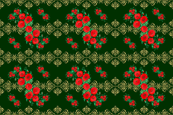 Цветочный узор с розовыми цветками и листьями на зеленом фоне
.