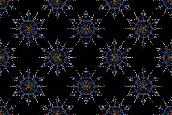 Neutralt Blått Och Beige Sömlöst Mönster Svart Bakgrund Dekorativ Symmetri — Stockfoto