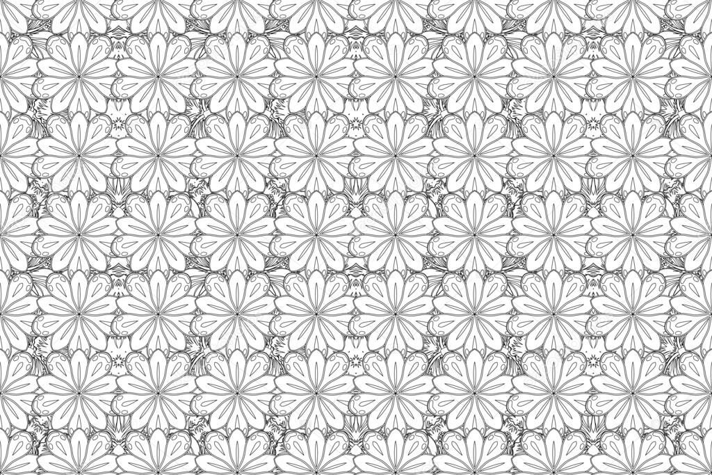 Oriental ornament seamless pattern. Islamic raster mulicolored design. Motley tiles with floral motif. Black and white vintage textile print.
