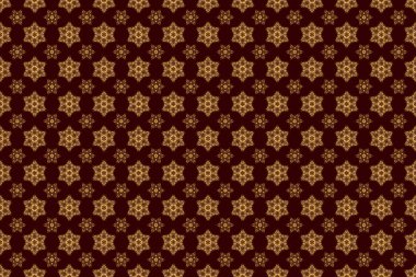 Kusursuz desenli altın elementler, bukleler ve kahverengi bir arka planda süslemeler. Raster doğu tarzı arabesk.