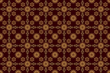 Ambalaj kağıdı, kumaş ya da tekstil için modern geometrik kusursuz desen. Eski bir süs. Tasarımlarınız ve arka planlarınız için Raster kahverengi ve altın desenli.