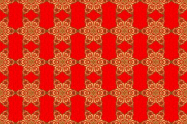 Kumaş için altın dekoru süsleyin. Kırmızı zemin üzerinde altın elementlerle geleneksel Arap süsü. Raster kusursuz desenli, doğu tarzında altın renkli tasarımı var. Süslü dantel iz sürücü.