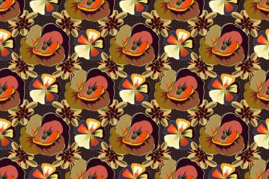 Soyut gelincikler ve yapraklar, botanik doğal bej, turuncu ve kahverengi haşhaş desenli, çok renkli Raster düğün davetiyesi..