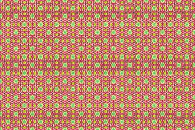Damask raster klasik desen. Pembe, yeşil ve sarı renklerde kusursuz soyut elementler. Renkli yinelenen elementlere sahip oryantasyon arkaplanı.