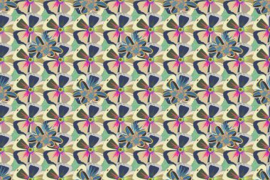 Dekoratif yaz çiçekleriyle bej ve mavi renklerde kusursuz desen, suluboya raster çizimi.