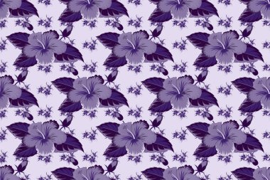 Raster dikişsiz desen ve suluboya şeklinde tropik çiçekler. Kahverengi, gri ve menekşe amfibik desenli. Raster illüstrasyonu.