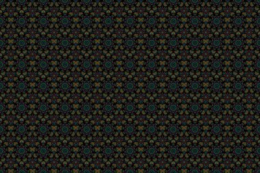 Çiçeksiz desen. Kusursuz bir geçmişi var. Duvar kâğıdı barok, İspanyol kumaşı. Siyah arkaplanda kırmızı, kahverengi ve yeşil süsler..