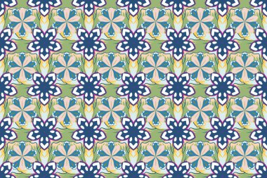 Mavili, yeşil ve beyaz renklerde, klasik, dikişsiz desen. El yazısı çiçekler, pullar, anahtarlar..