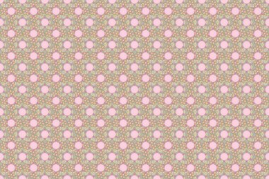 Raster illüstrasyonu. Kumaş, tekstil, duvar kâğıdı ve ambalaj için zarif bir retro süs. Pembe, gri ve yeşil renkli küçük çiçeklerle el çizimi parlak, pürüzsüz çiçek deseni.