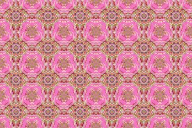 Raster illüstrasyonu. Turuncu, yeşil ve pembe renklerde kusursuz soyut kabile deseni. El yapımı etnik doku, hayal gücünün uçuşu..