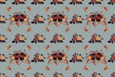 Kusursuz el yapımı raster çiçeği deseni kırmızı, gri ve kahverengi renklerde..