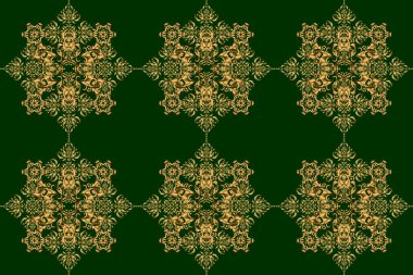 Klasik yeşil ve altın rengi dikişsiz desen, soyut süs brokar kumaş deseni, kumaş, baskı veya ambalaj kağıdı için karışık stilize elementler..