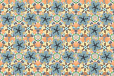 Yatak çarşafı, ceket, paket tasarımı, kumaş veya moda konsepti için tekstil baskısı. Çiçeksiz, suluboya efektli desen. Soyut, pürüzsüz desenli çiçek deseni bej, mavi ve sarı renklerde