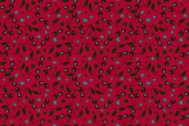 Küçük şirin, sade bahar stilize kiraz. Küçük renkli karalamalar. Soyut kırmızı, yeşil ve mor kirazlı güzel, pürüzsüz desen..