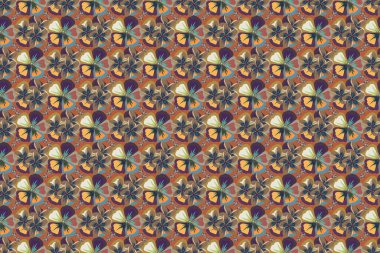 Gri, yeşil ve turuncu renklerde kusursuz el yapımı raster plumeria deseni..