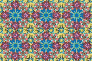 Geleneksel Tayland arka planı ve ızgaralı dokusu. Taylandlıların sarı, mavi ve pembe renklerde çizgileri var. Yazdırma, kumaş ya da tekstil için Tayland ipeği raster tasarımı.