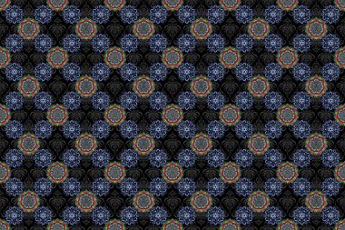 Mavi, sarı ve mor dairesel mandala, yıldızlar ve kar taneleri ile geleneksel süs arkaplanının pürüzsüz deseni siyah bir zemin üzerinde.