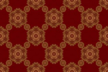 Kutlama kartlarını süslemek için alet çantası. Kırmızı arka planda parıldayan ışıklarla altın parıltılı süsler. Kırmızı zemin üzerinde kusursuz altın elementler deseni.