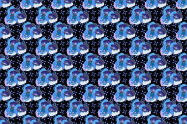 Raster modası geçmiş, kusursuz çiçek deseni. Mavili ve menekşe gelincikli karışık el çizimi.