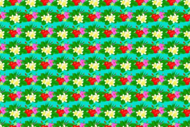 Çiçek izi. Raster hibiscus çiçek desenleri tekrarlanıyor. Mavi bir arka planda modern bir çiçek deseni var..