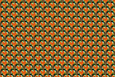 Siyah arka planda çiçek motifleri olan soyut zerafet deseni. Raster illüstrasyonu. Dekoratif gül çiçekleri ve tekrar eden yeşil yapraklar.