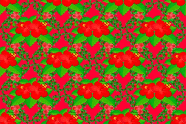 Zachte Aquarel Hibiscus Bloem Print Naadloos Patroon Een Rode Achtergrond — Stockfoto