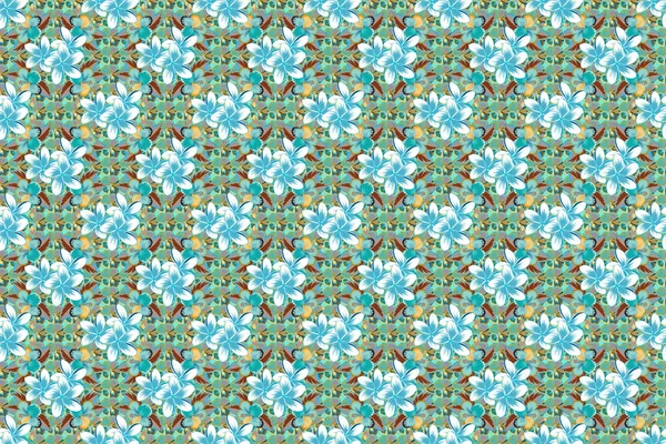 Stylish wallpaper with flowers. Floral seamless pattern with blooming flowers and leaves in blue, white and green colors. Abstract raster background.