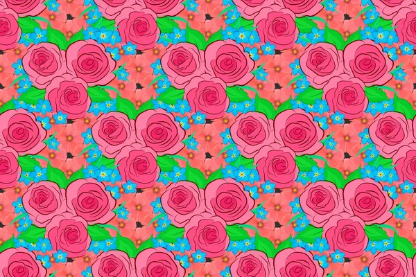 Seamless Pattern Roses Green Leaves Pink Background Exquisite Pattern Rose — Stock Photo, Image