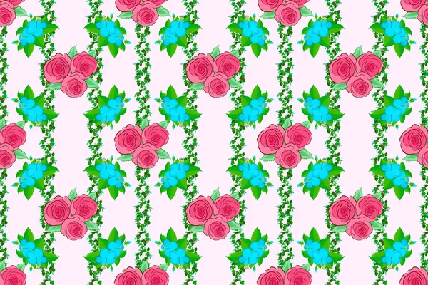 Raster Striped Seamless Pattern Rose Flowers Green Leaves Floral Wallpaper — Stock Photo, Image