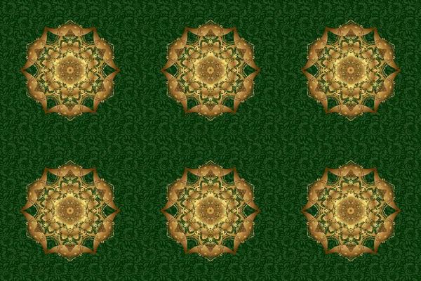 豊かな民族縞のシームレスなパターン幾何学的なデザイン ラスターイラスト 曼荼羅式 緑の背景に金色の曼荼羅 — ストック写真