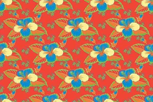 Raster Hibiscus Flower Background Pretty Blue Red Green Floral Print — Stock Photo, Image