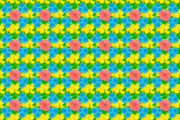 Raster illustration good for the interior design, printing, web and textile design. Seamless texture of floral ornament on a yellow background. Optical illusion with rose flowers and green leaves.