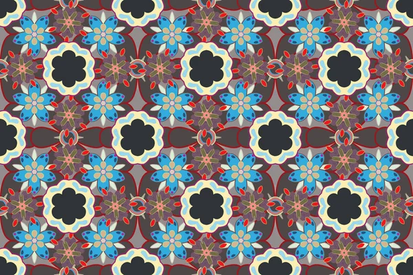Cute raster background. Geometric leaf ornament. Graphic modern pattern. Seamless abstract floral pattern in brown, blue and gray colors.